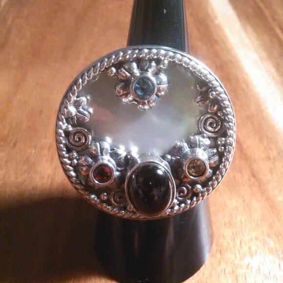 Shungite Multi Gemstone Mother of Pearl Sterling Silver Cocktail Ring (Size 7) - Picture 13 of 16